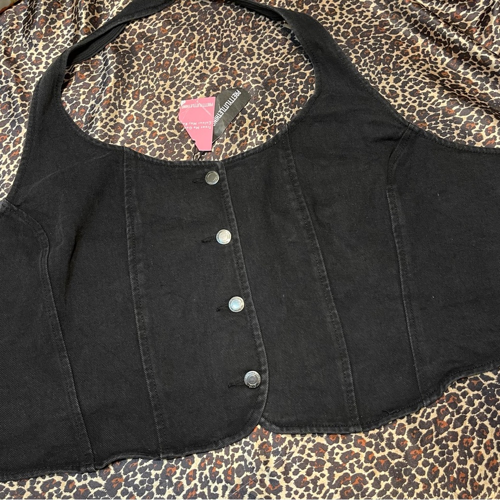 Pretty Little Thing Halter Top Black Jean Denim Vest